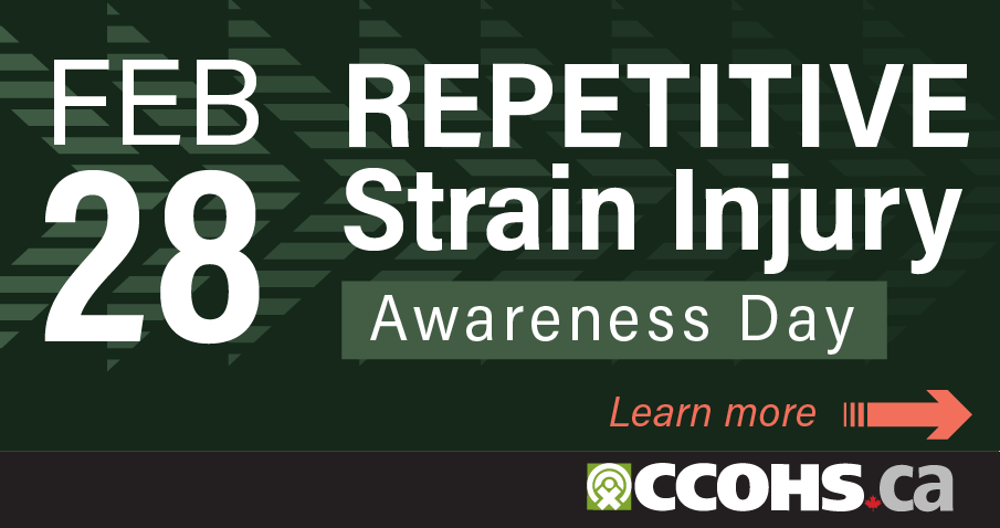 A dark green rectangular badge for a website that says Repetitive Strain Injury Awareness Day, February 28, and Learn More.