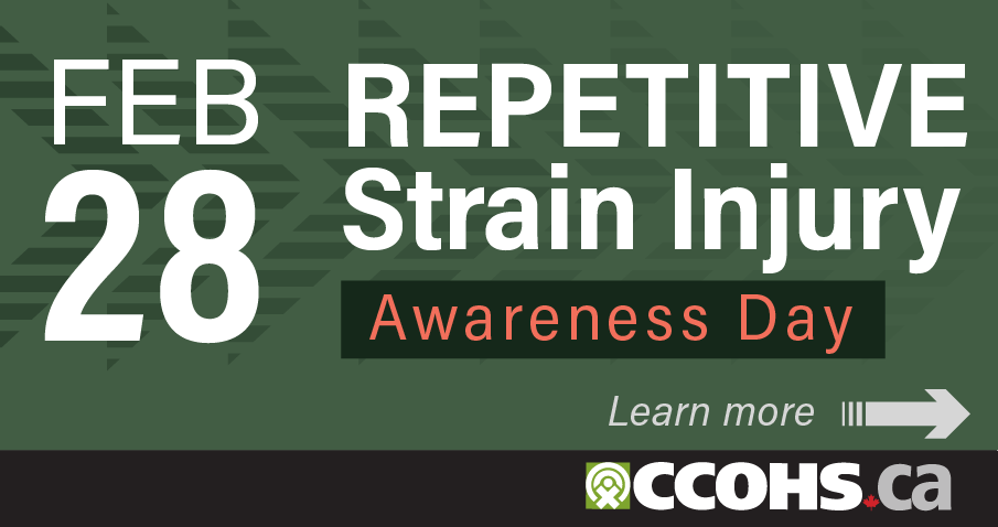 A bright greem rectangular badge for a website that says Repetitive Strain Injury Awareness Day, February 28, and Learn More.