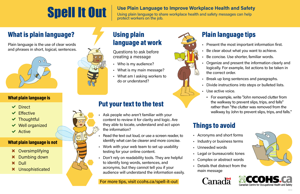 A downloadable infographic about the Plain Language Toolkit. An image of a group of bee, dolphin, and ant workers with information about how to use plain language in the workplace.