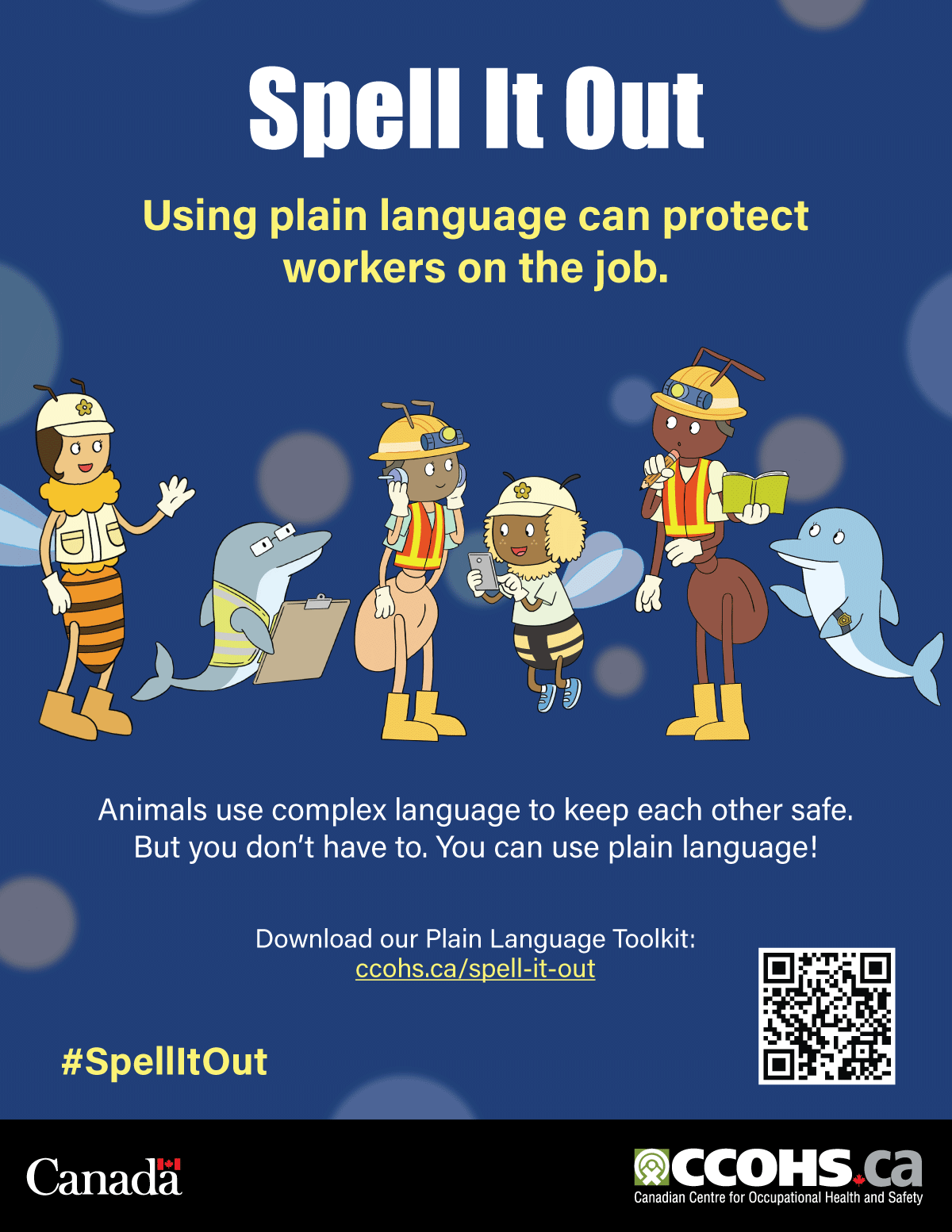 A downloadable poster about the Plain Language Toolkit. An image of a group of bee, dolphin, and ant workers with a quick-response code for more information.