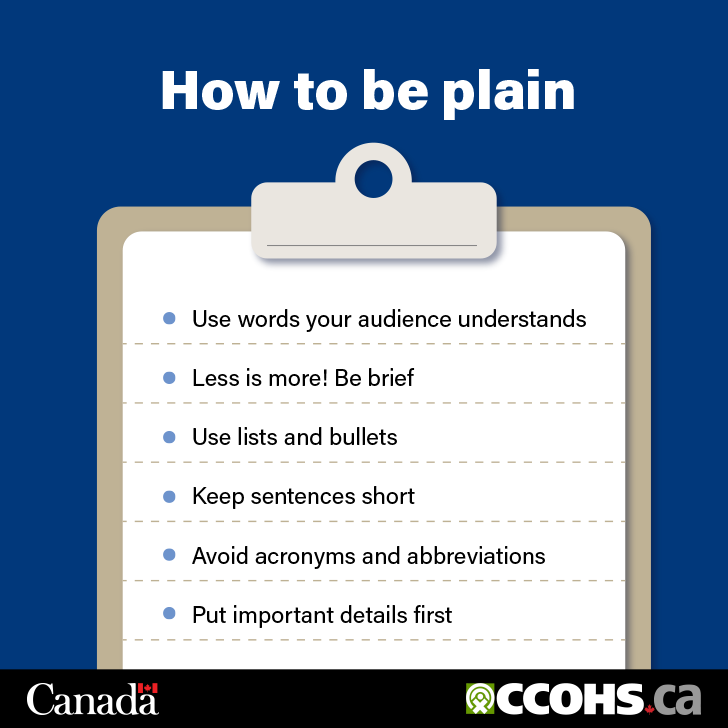 A clipboard with six bulleted tips on how to use plain language